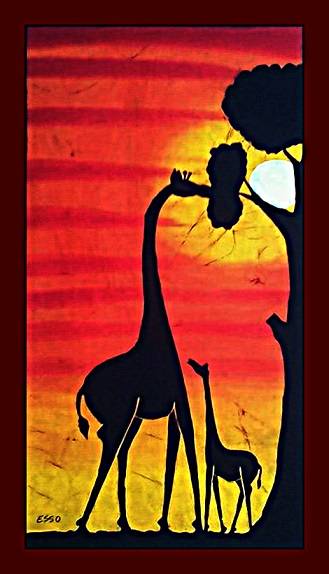 Batik Bébé Et Maman Girafes Au Coucher Du Soleil Batiks